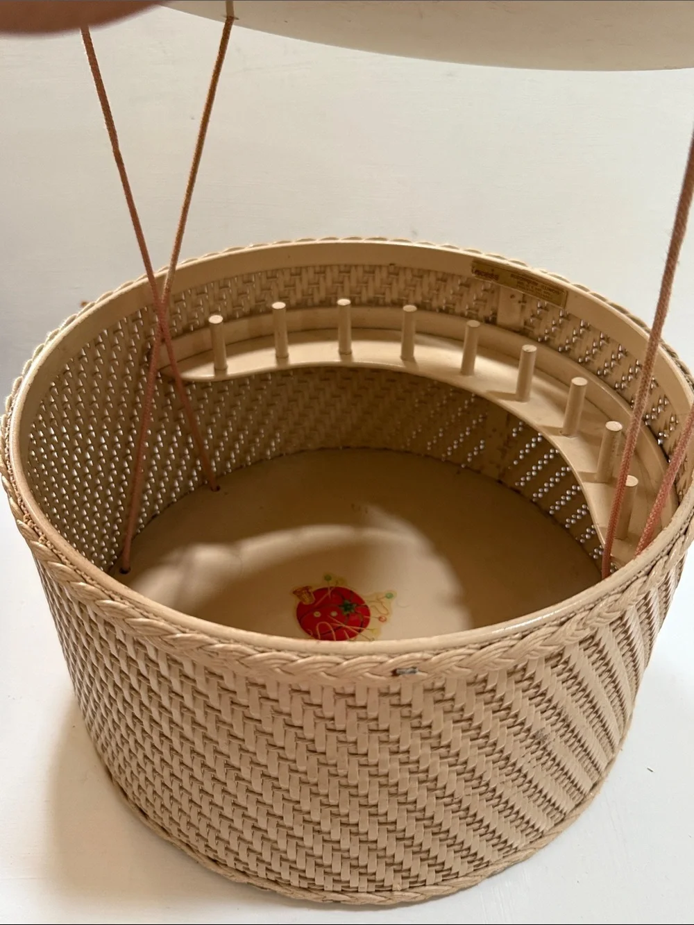 Vintage 1950’s Handcrafted Woven Sewing Basket with Cream Lid and Motif